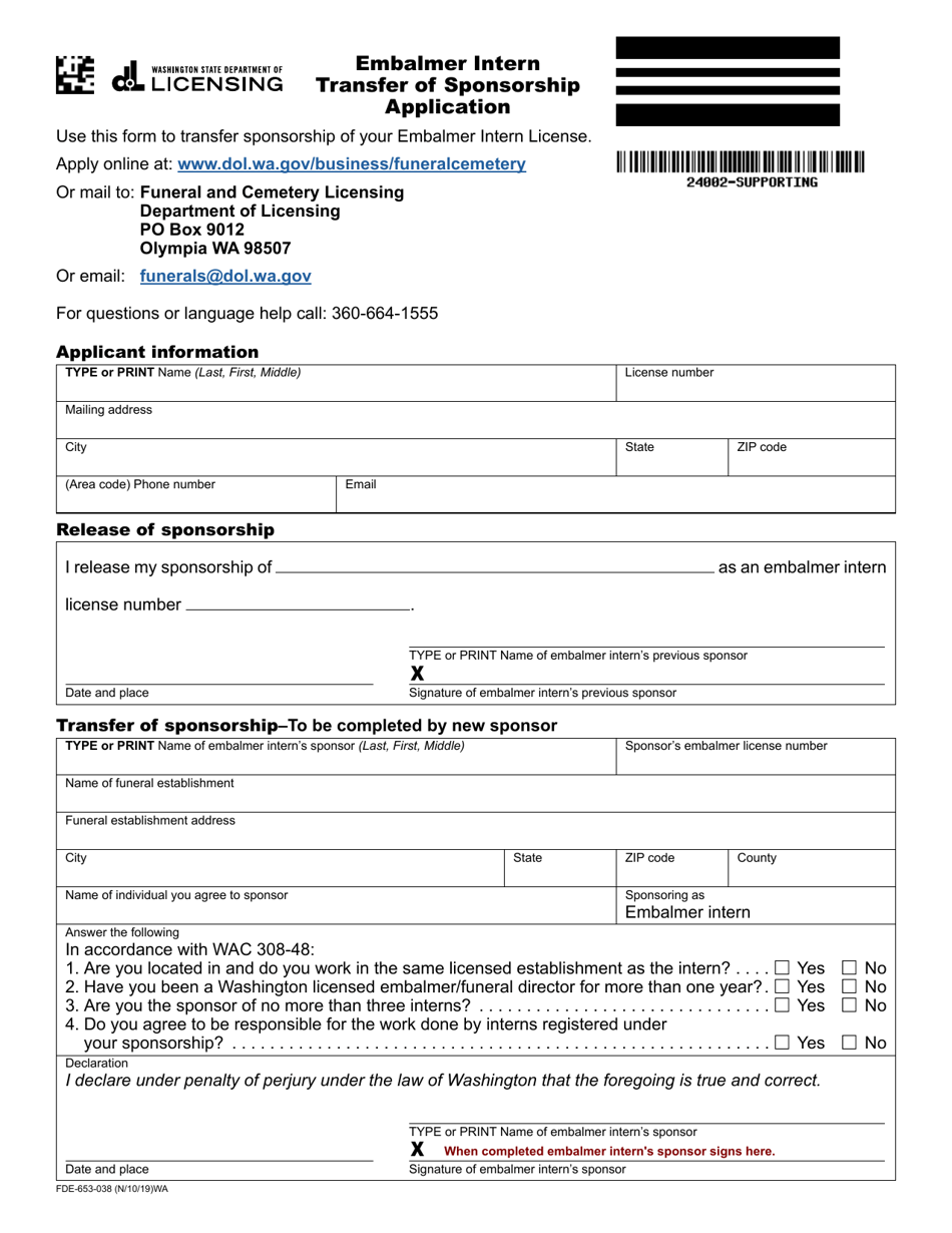 Form FDE-653-038 Embalmer Intern Transfer of Sponsorship Application - Washington, Page 1