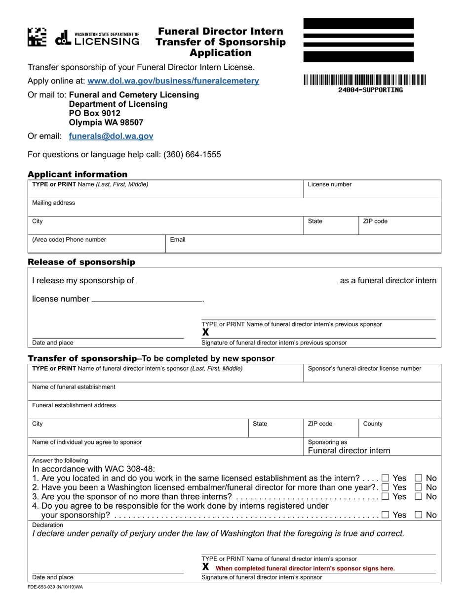 Form FDE-653-039 Funeral Director Intern Transfer of Sponsorship Application - Washington, Page 1