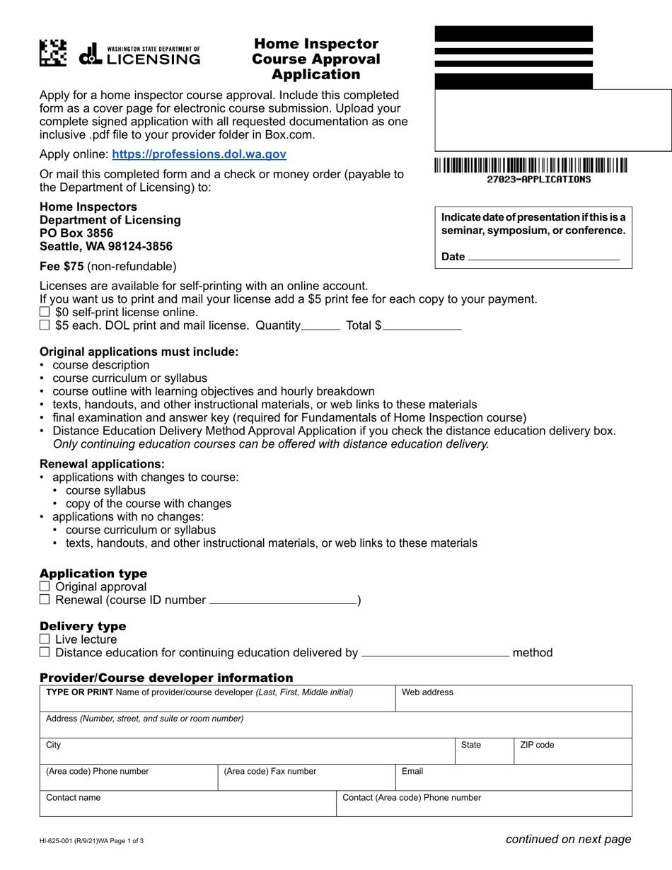 Form HI-625-001 Home Inspector Course Approval Application - Washington, Page 1
