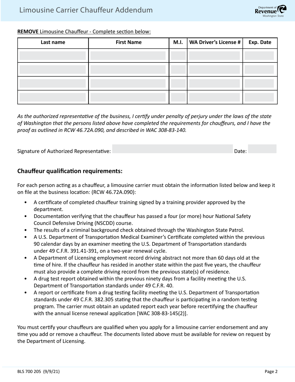 Form BLS700 205 Limousine Carrier Chaffeur Addendum - Washington, Page 2