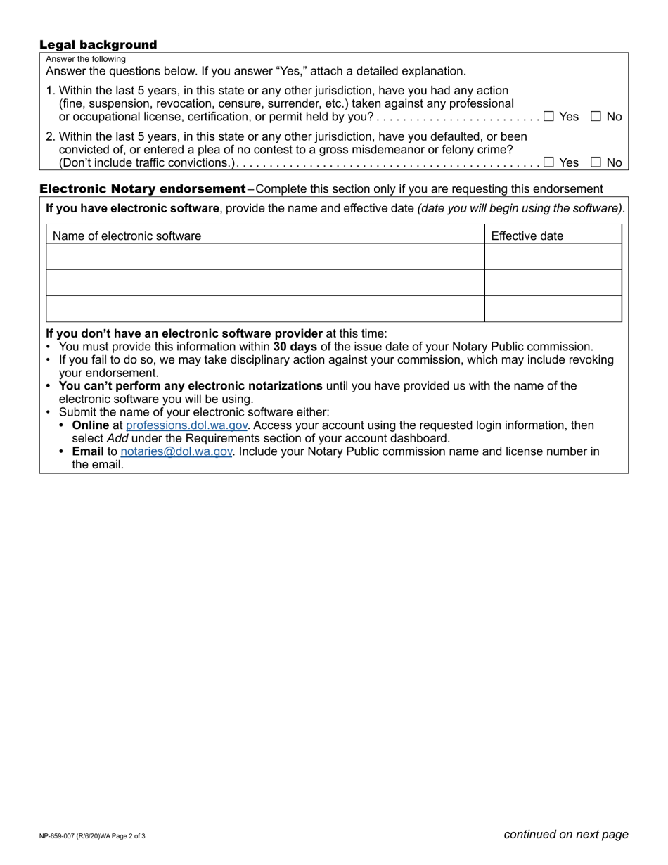 Form NP-659-007 Notary Public Commission Application - Washington, Page 2