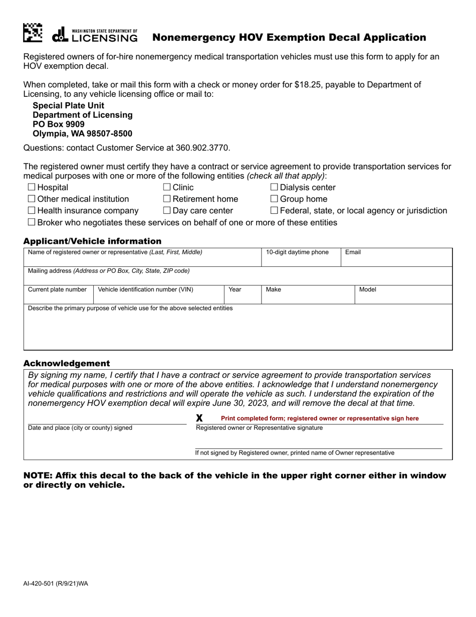 Form AI-420-501 Nonemergency Hov Exemption Decal Application - Washington, Page 1