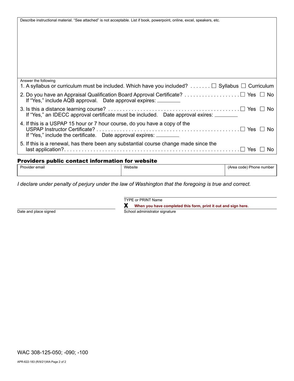 Form APR-622-183 Real Estate Appraiser Course Approval - Washington, Page 2