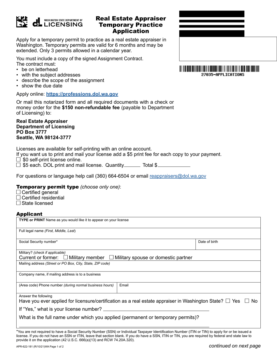 Form APR622181 Download Fillable PDF or Fill Online Real Estate Appraiser Temporary Practice
