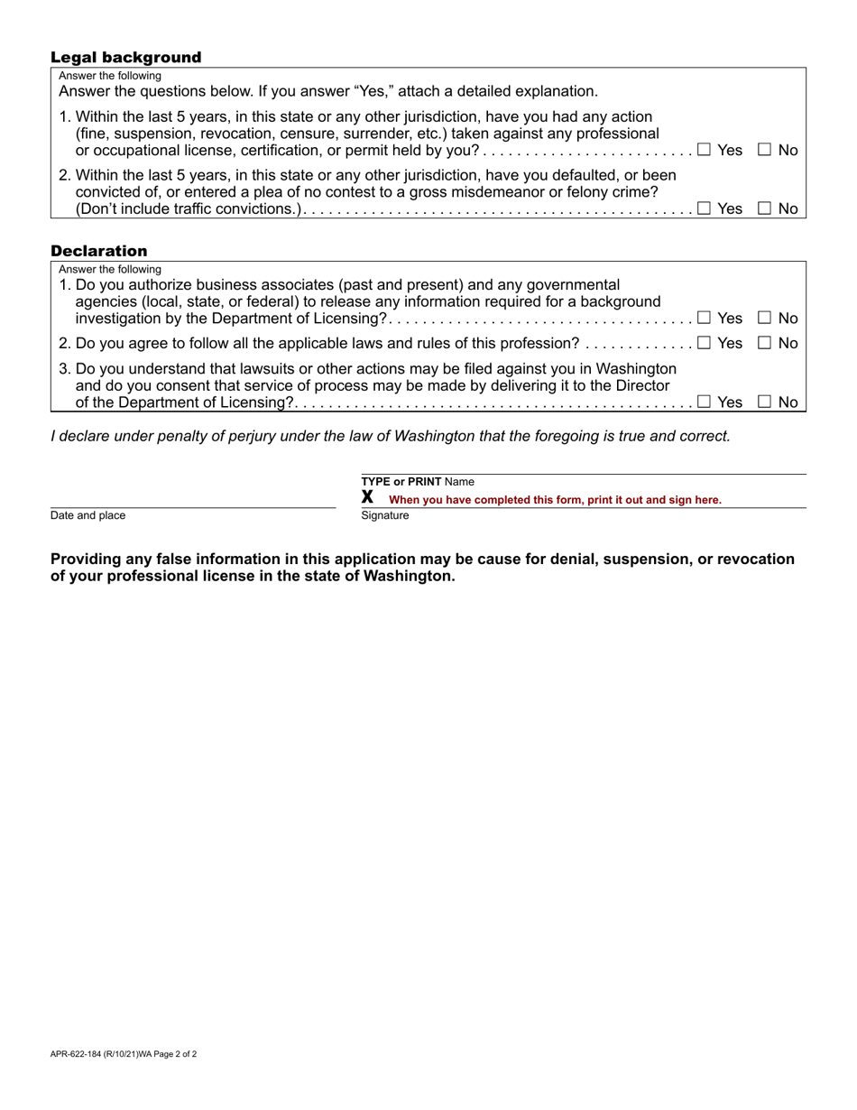 Form APR-622-184 Real Estate Appraiser Reciprocal License / Certification Application - Washington, Page 2