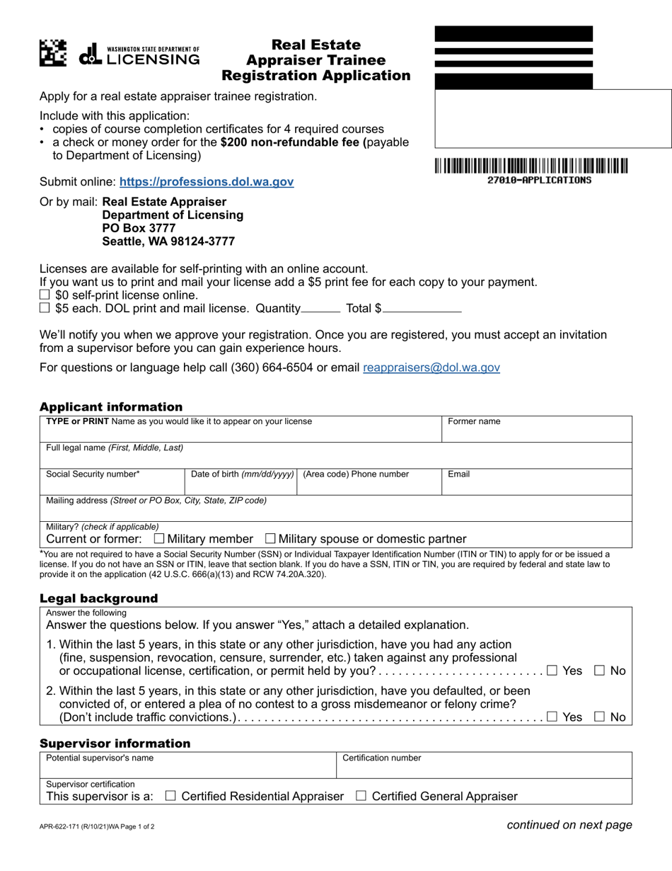 Form APR-622-171 Real Estate Appraiser Trainee Registration Application - Washington, Page 1