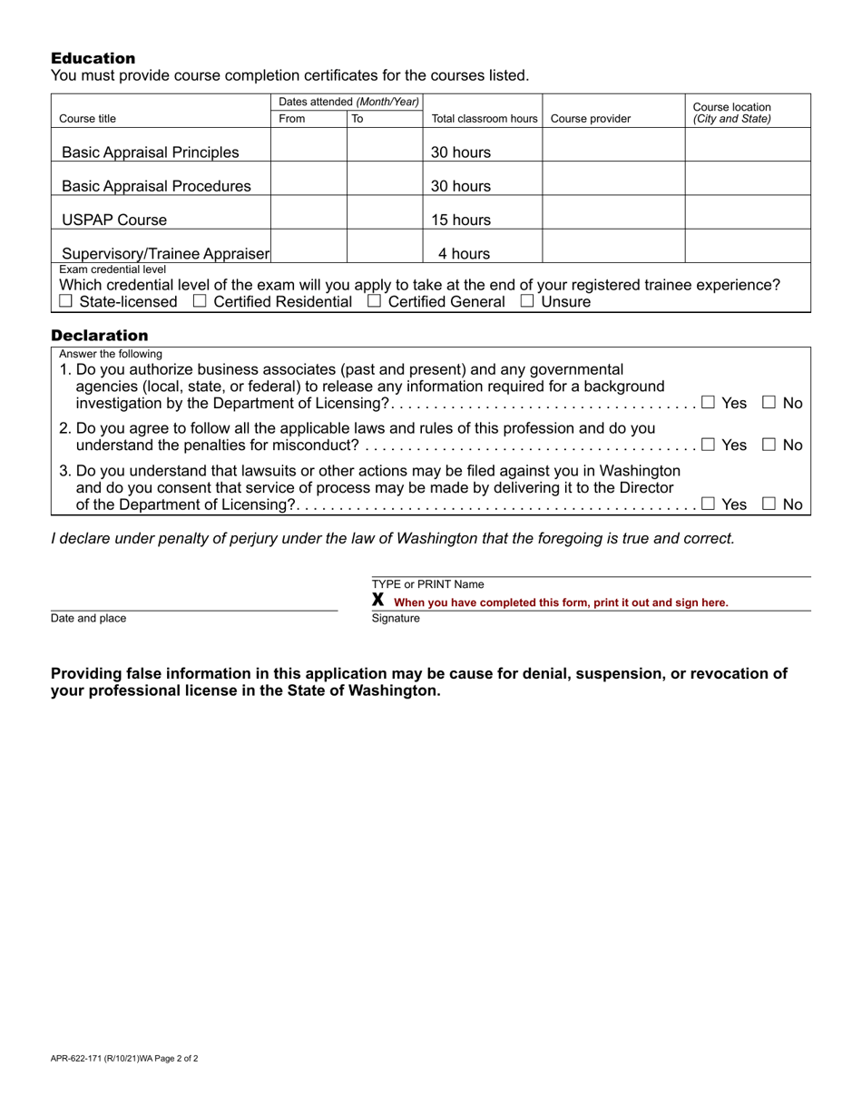 Form APR-622-171 Real Estate Appraiser Trainee Registration Application - Washington, Page 2