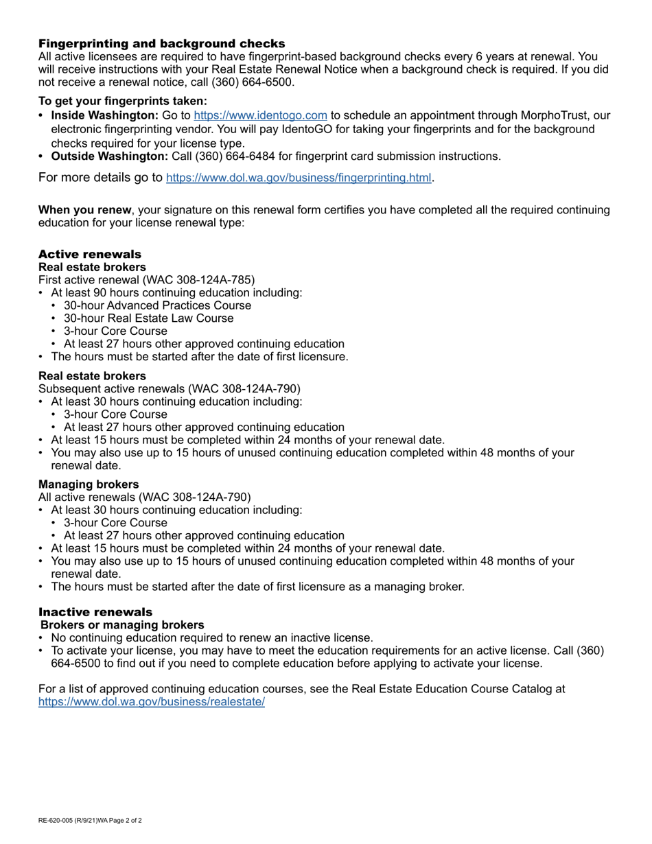 Form RE-620-005 Real Estate License Renewal - Washington, Page 2