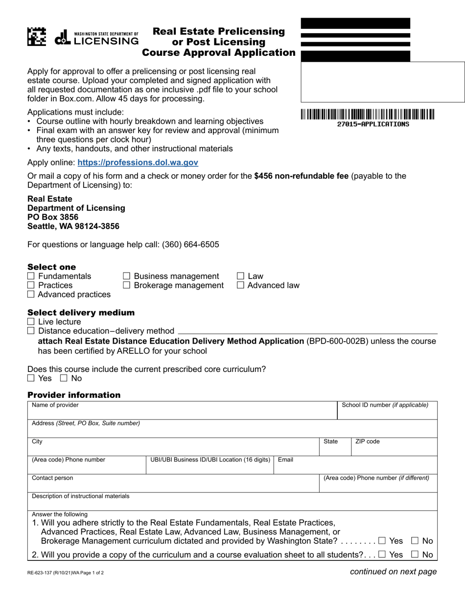 Form RE-623-137 Real Estate Prelicensing or Post Licensing Course Approval Application - Washington, Page 1