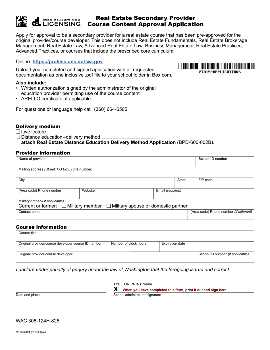 Form RE-623-124 Real Estate Secondary Provider Course Content Approval Application - Washington, Page 1
