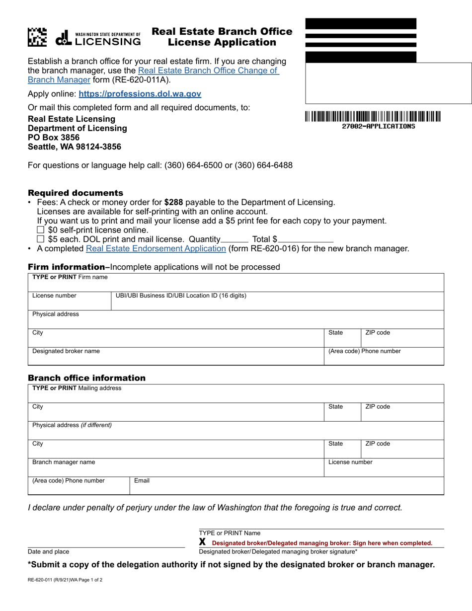 Form RE-620-011 Real Estate Branch Office License Application - Washington, Page 1