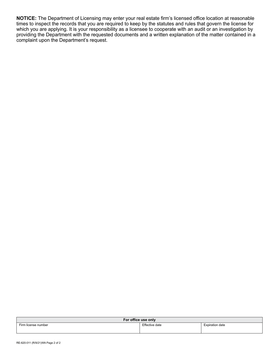 Form RE-620-011 Real Estate Branch Office License Application - Washington, Page 2
