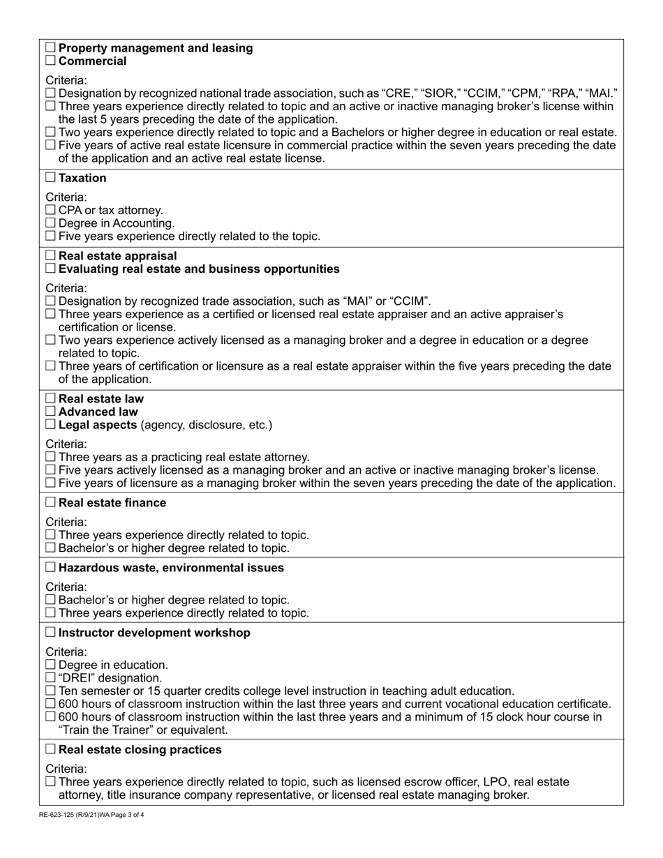 Form RE-623-125 Real Estate Instructor Approval Application - Washington, Page 3