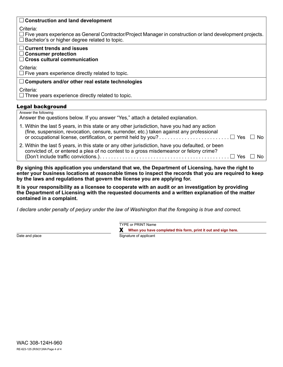 Form RE-623-125 Real Estate Instructor Approval Application - Washington, Page 4