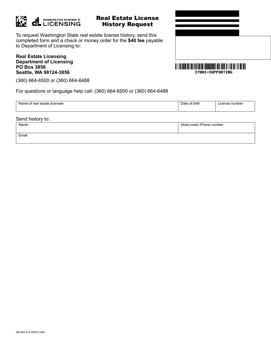 Form RE620015 Download Fillable PDF or Fill Online Real Estate License History Request