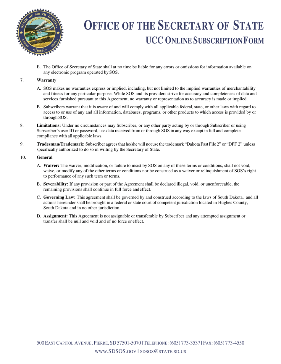 Ucc Online Subscription Form - South Dakota, Page 2