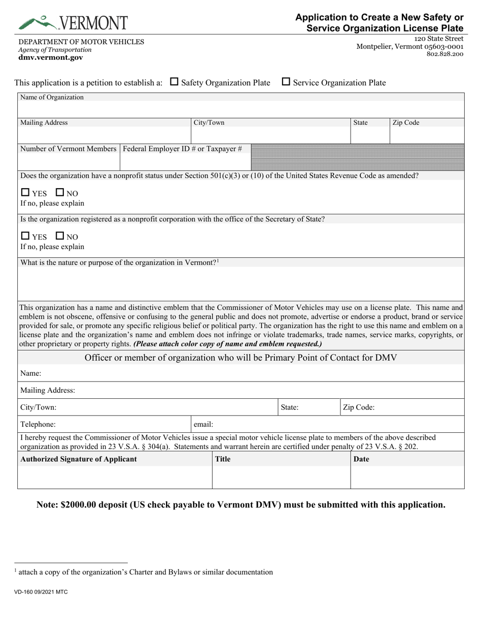 Form VD-160 Application to Create a New Safety or Service Organization License Plate - Vermont, Page 1