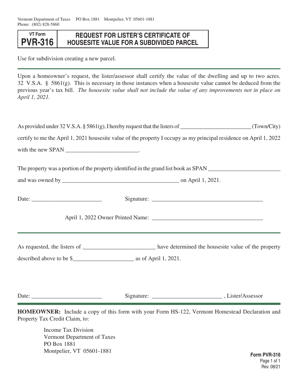 VT Form PVR-316 Request for Listers Certificate of Housesite Value for a Subdivided Parcel - Vermont, Page 1