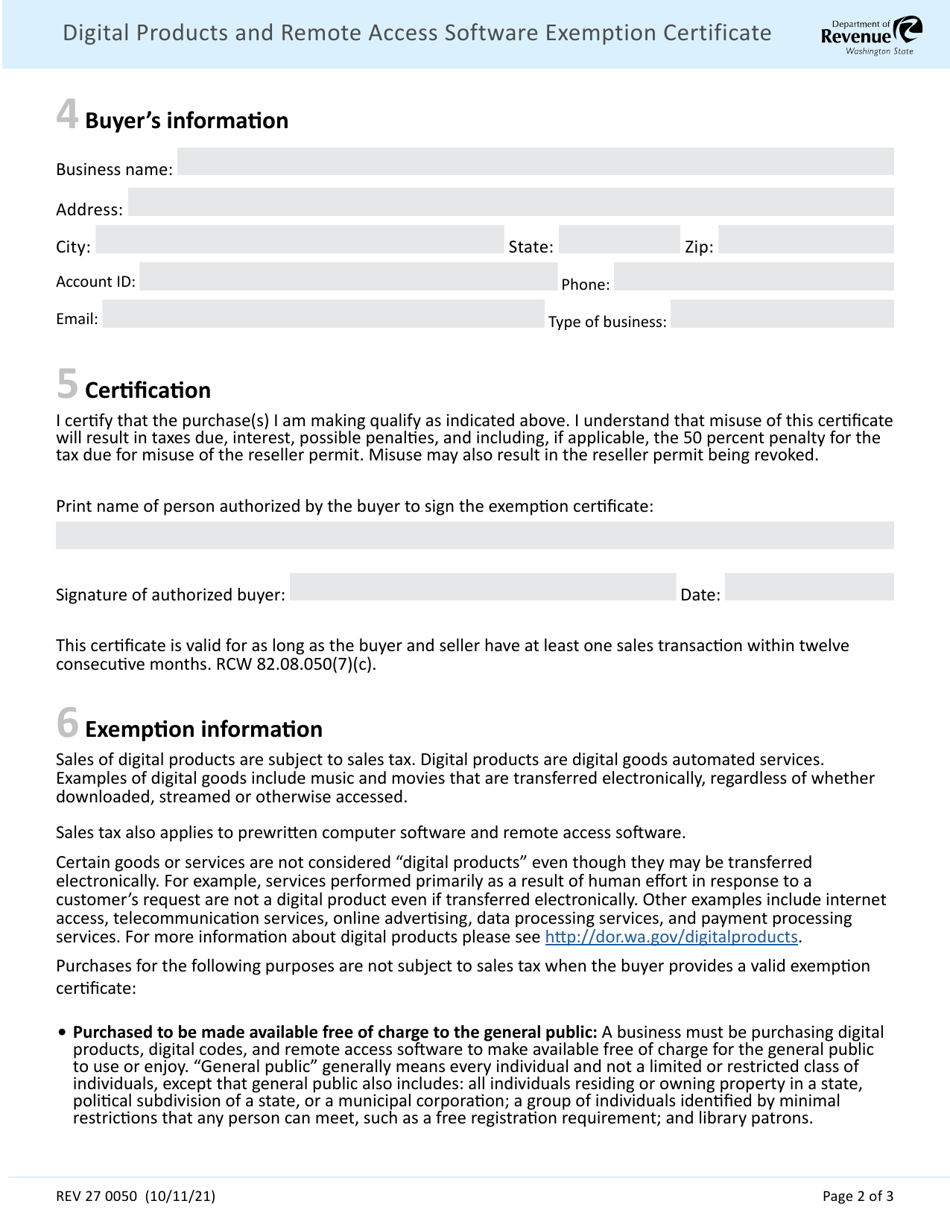 Form REV27 0050 Digital Products and Remote Access Software Exemption Certificate - Washington, Page 2