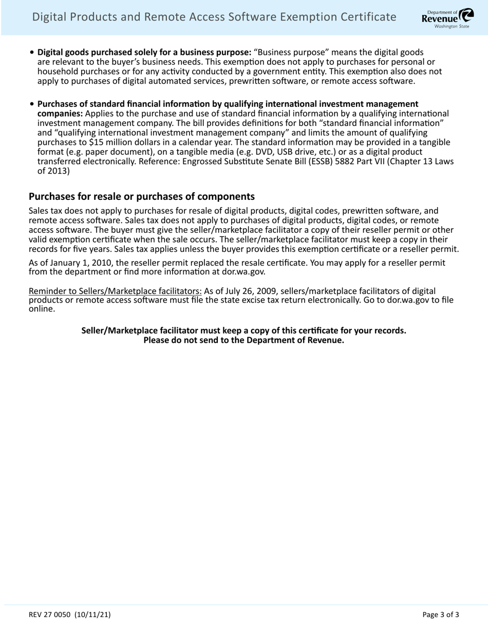 Form REV27 0050 Digital Products and Remote Access Software Exemption Certificate - Washington, Page 3