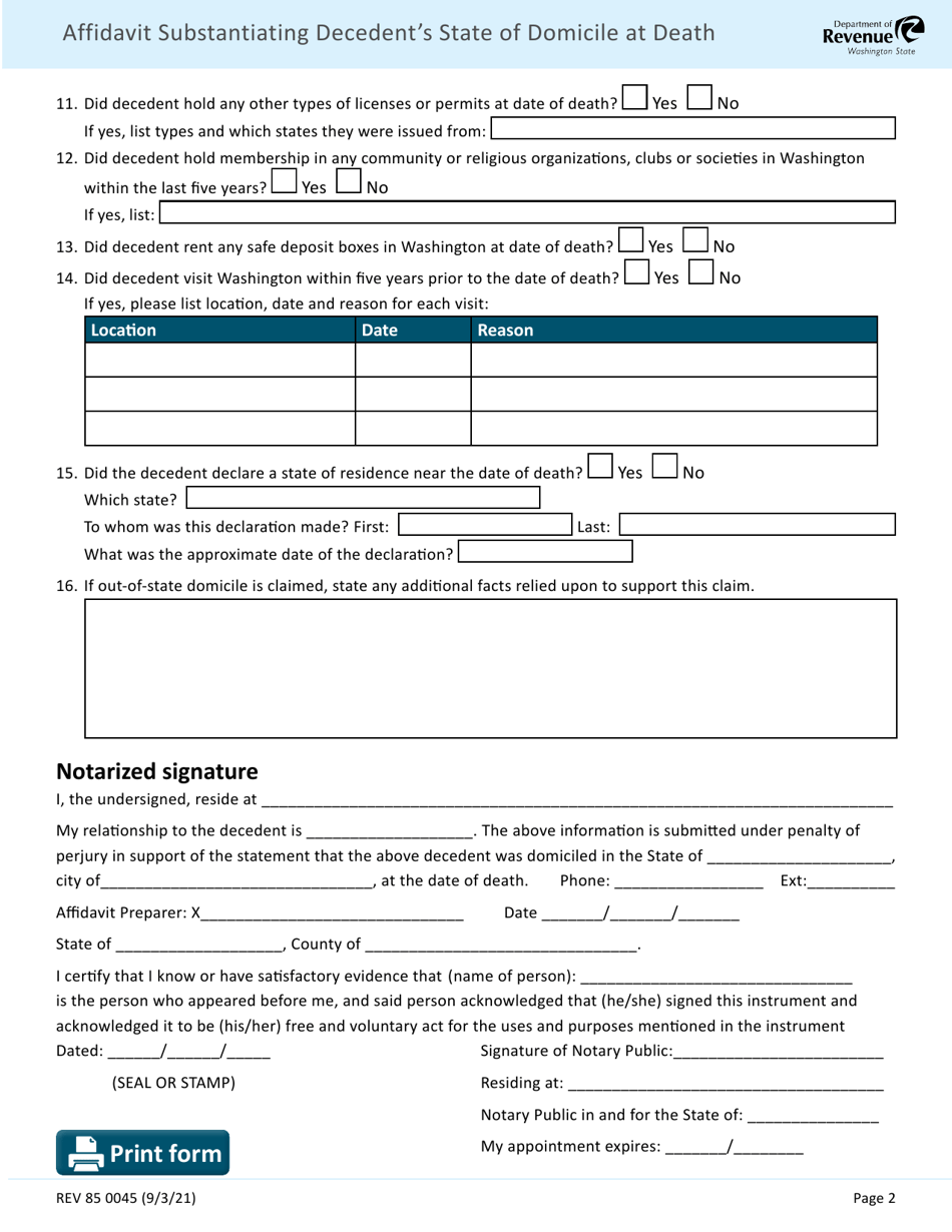 Form REV85 0045 Download Fillable PDF or Fill Online Affidavit ...