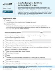 Form REV27 0055 &quot;Sales Tax Exemption Certificate for Health Care Providers&quot; - Washington