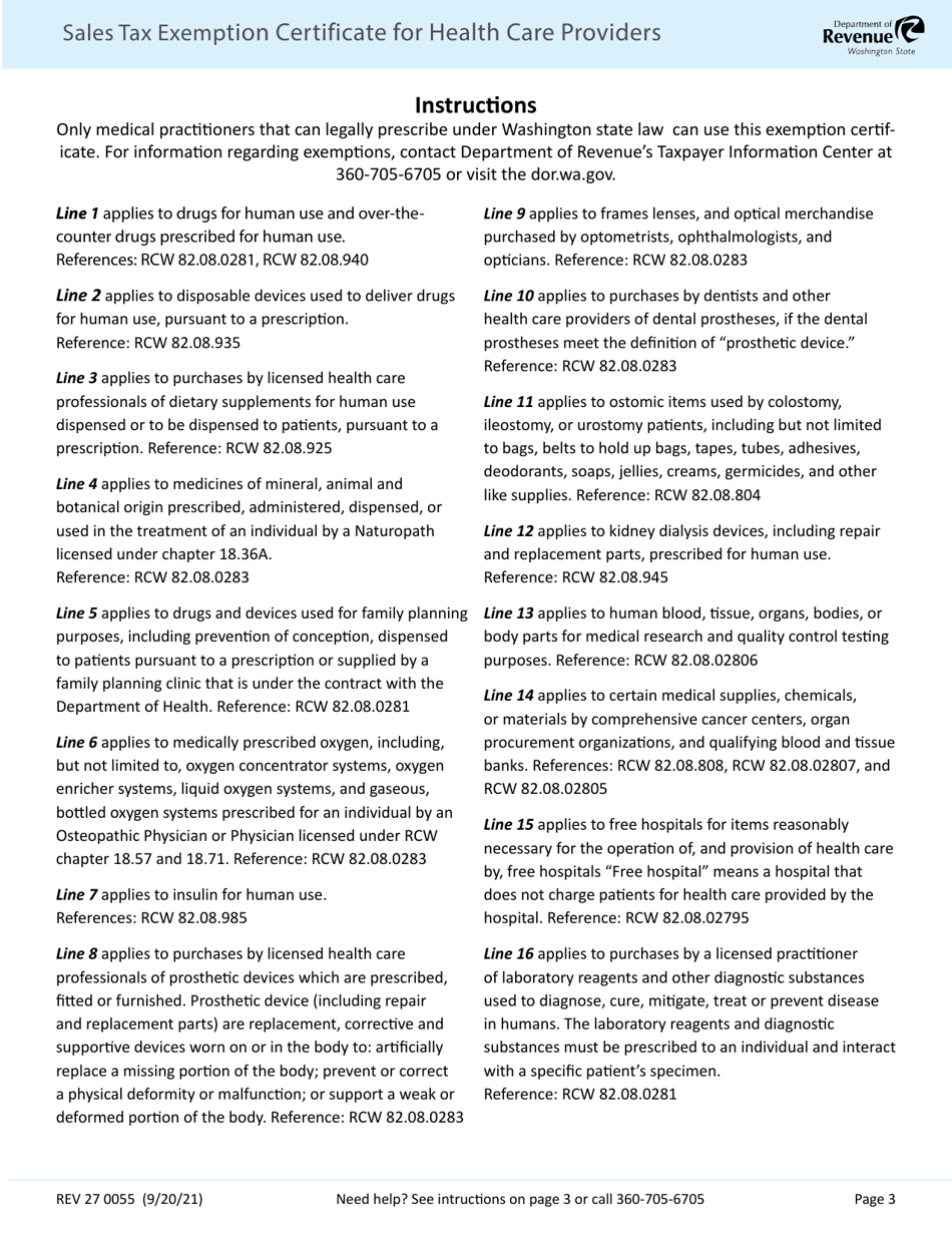 Form REV27 0055 Sales Tax Exemption Certificate for Health Care Providers - Washington, Page 3