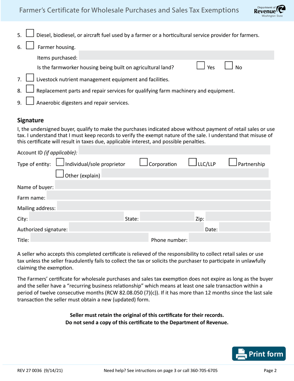 Form REV27 0036 Farmers Certificate for Wholesale Purchases and Sales Tax Exemptions - Washington, Page 2