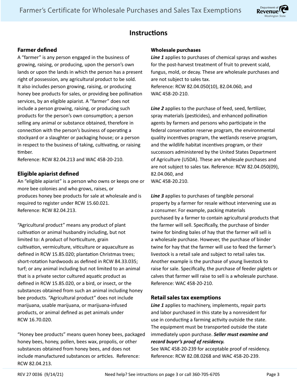 Form REV27 0036 Farmers Certificate for Wholesale Purchases and Sales Tax Exemptions - Washington, Page 3