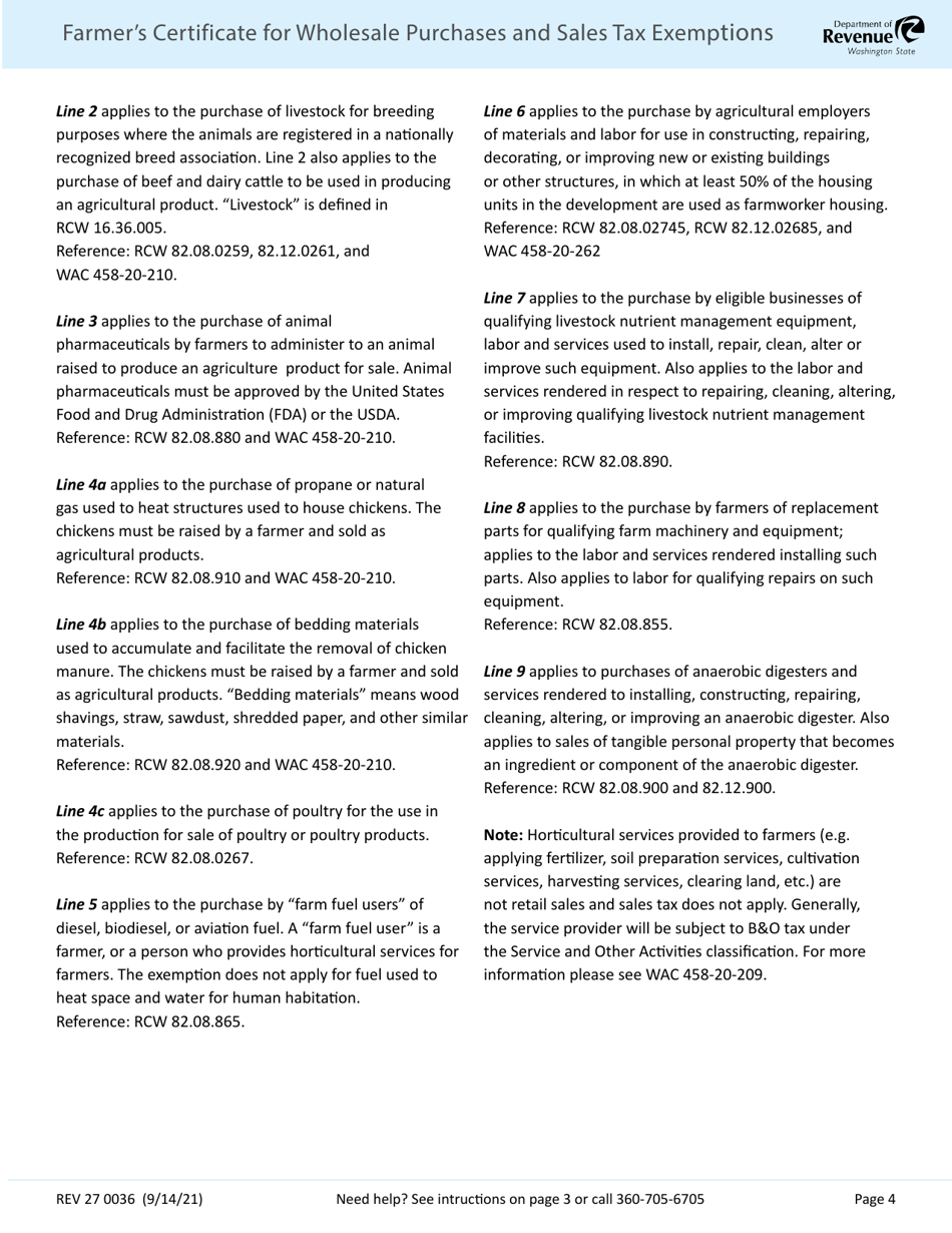 Form REV27 0036 Farmers Certificate for Wholesale Purchases and Sales Tax Exemptions - Washington, Page 4
