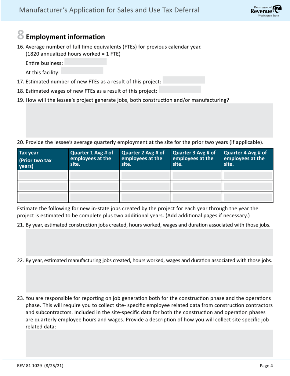 Form REV81 1029 Manufacturers Application for Sales and Use Tax Deferral Chapter 82.85 Rcw - Washington, Page 4