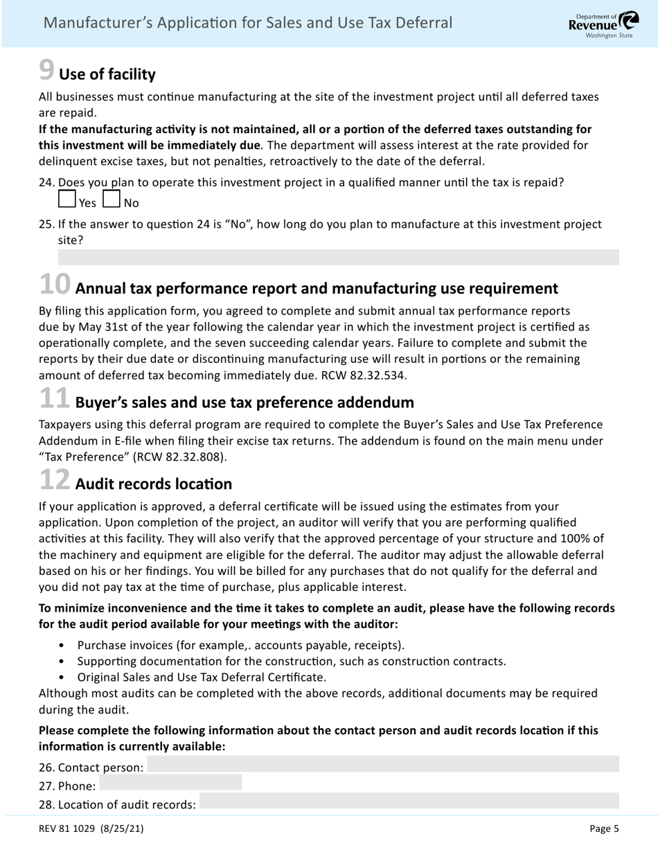 Form REV81 1029 Manufacturers Application for Sales and Use Tax Deferral Chapter 82.85 Rcw - Washington, Page 5