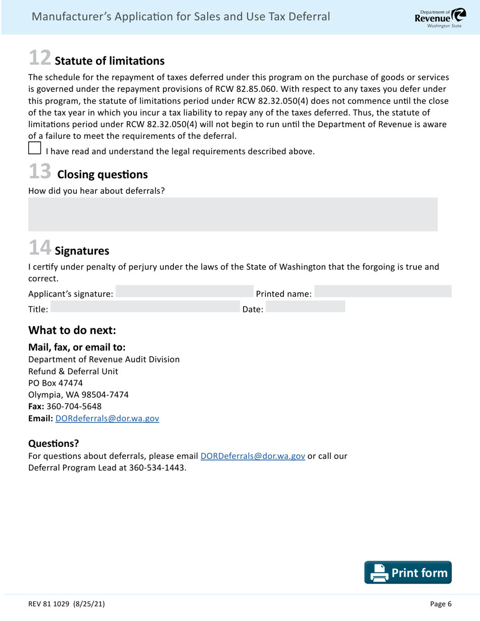 Form REV81 1029 Manufacturers Application for Sales and Use Tax Deferral Chapter 82.85 Rcw - Washington, Page 6