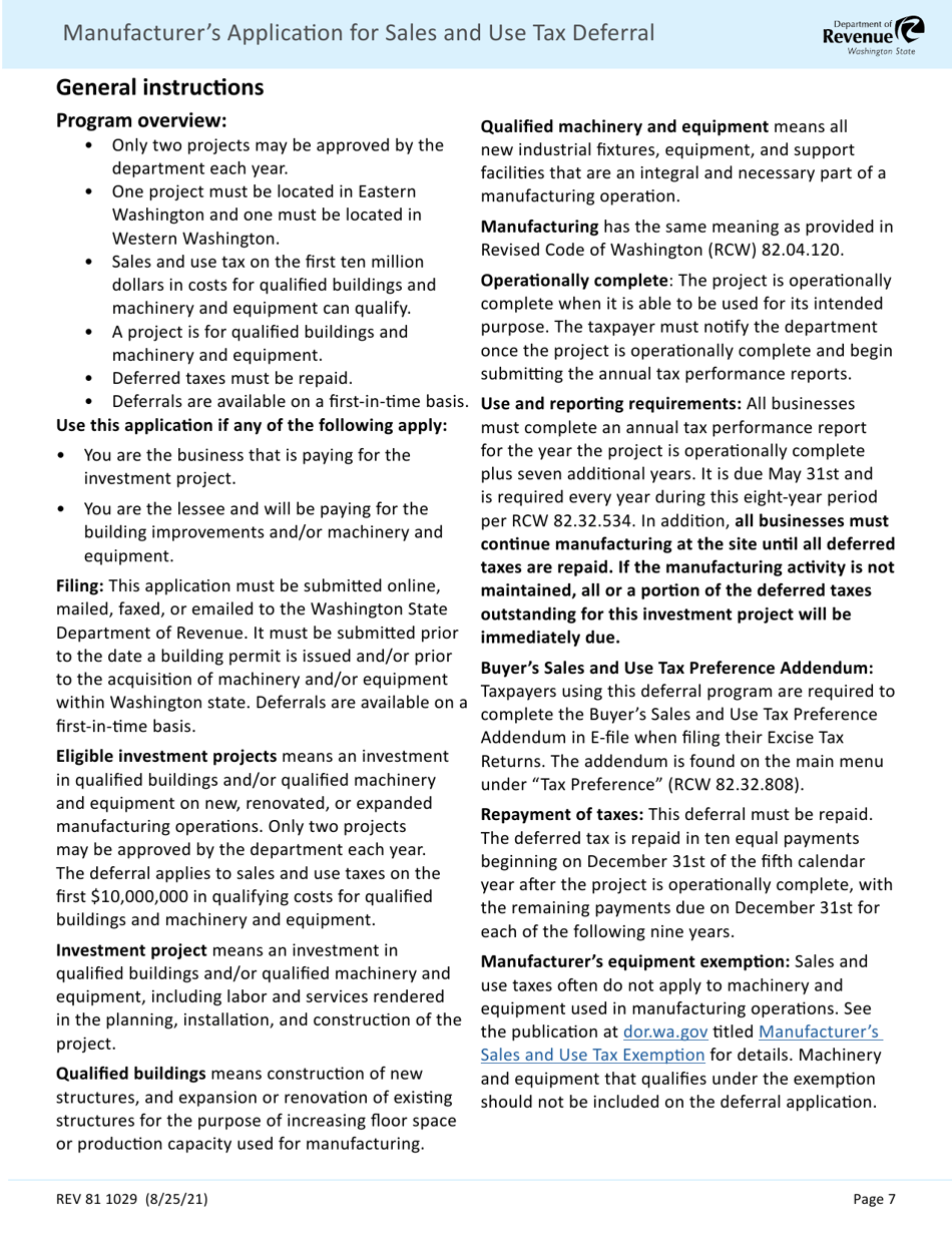 Form REV81 1029 Manufacturers Application for Sales and Use Tax Deferral Chapter 82.85 Rcw - Washington, Page 7