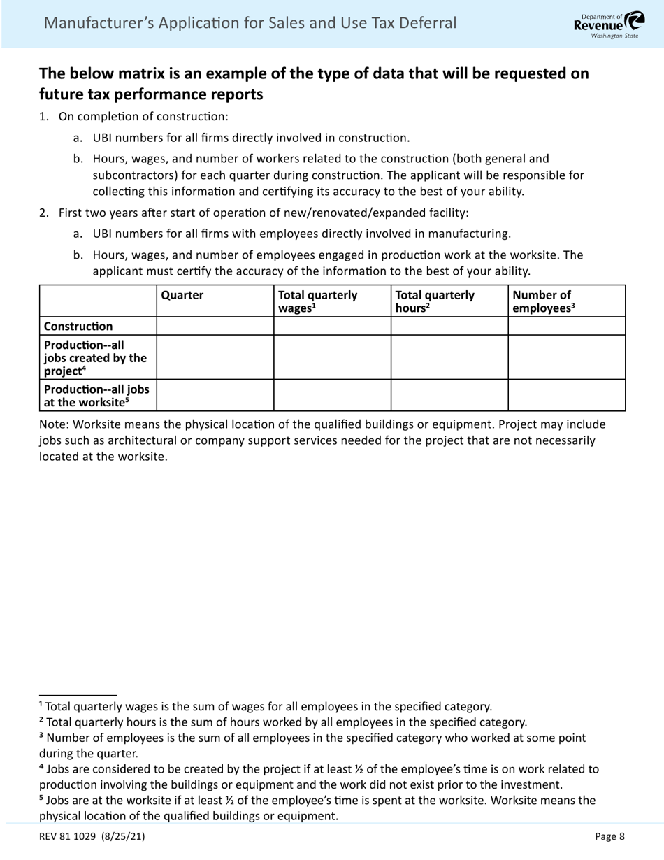 Form REV81 1029 Manufacturers Application for Sales and Use Tax Deferral Chapter 82.85 Rcw - Washington, Page 8