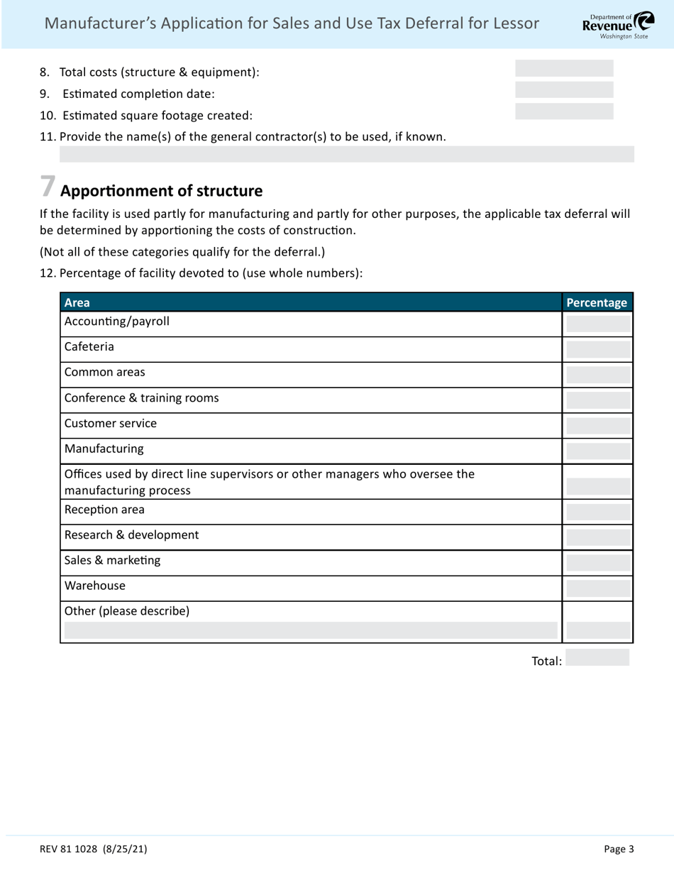 Form REV81 1028 Manufacturers Application for Sales and Use Tax Deferral for Lessor - Washington, Page 3