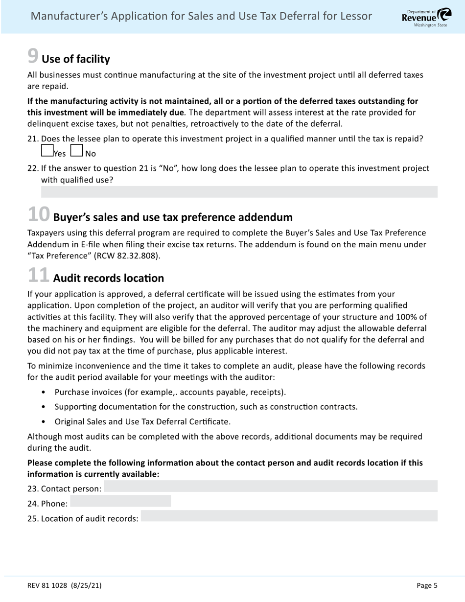 Form REV81 1028 Manufacturers Application for Sales and Use Tax Deferral for Lessor - Washington, Page 5