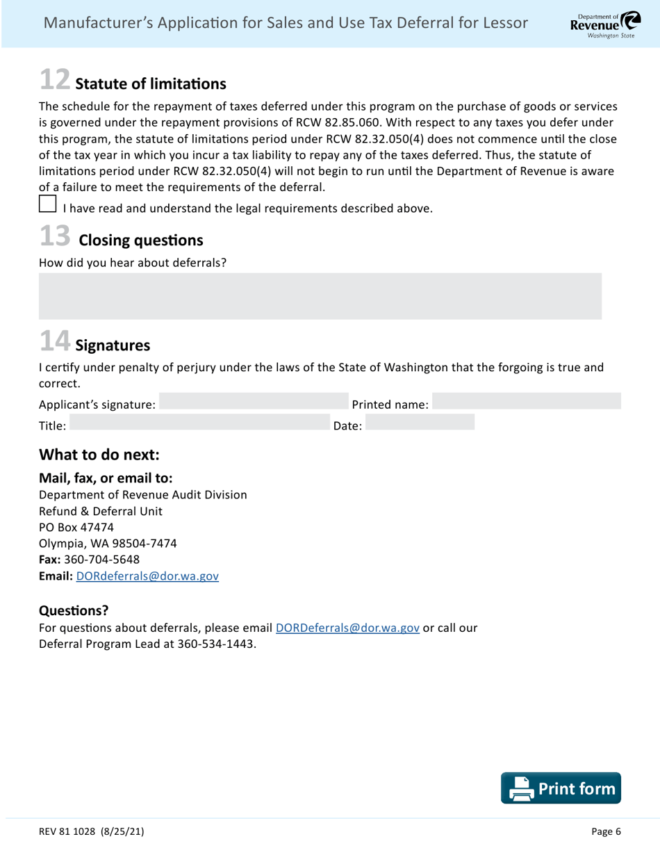 Form REV81 1028 Manufacturers Application for Sales and Use Tax Deferral for Lessor - Washington, Page 6