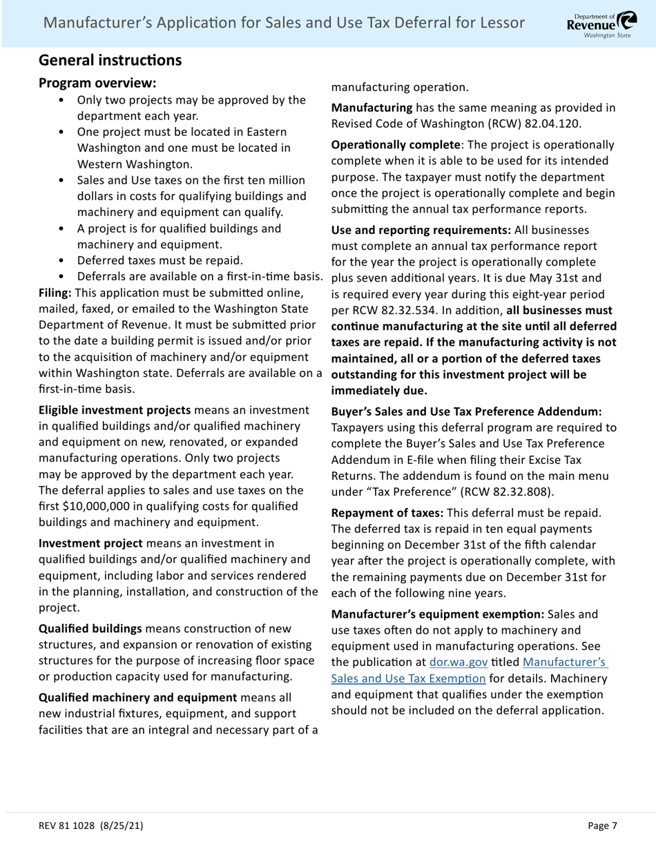 Form REV81 1028 Manufacturers Application for Sales and Use Tax Deferral for Lessor - Washington, Page 7