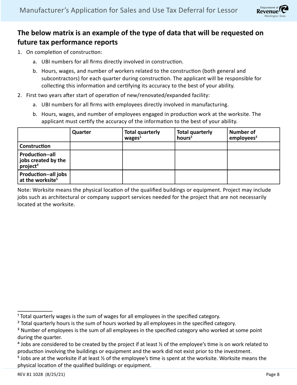 Form REV81 1028 Manufacturers Application for Sales and Use Tax Deferral for Lessor - Washington, Page 8