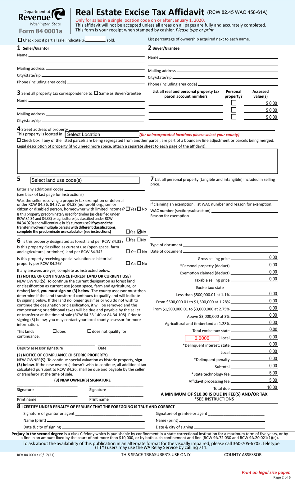 Form REV84 0001A Real Estate Excise Tax Affidavit - Single Location - Washington, Page 2