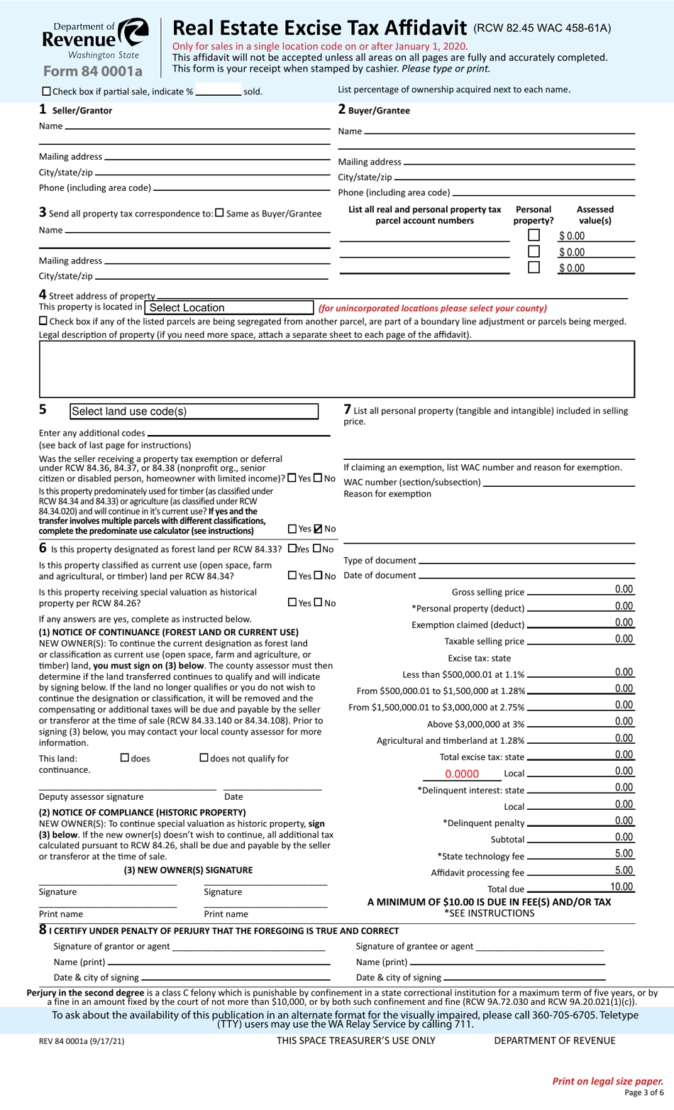 Form REV84 0001A Real Estate Excise Tax Affidavit - Single Location - Washington, Page 3
