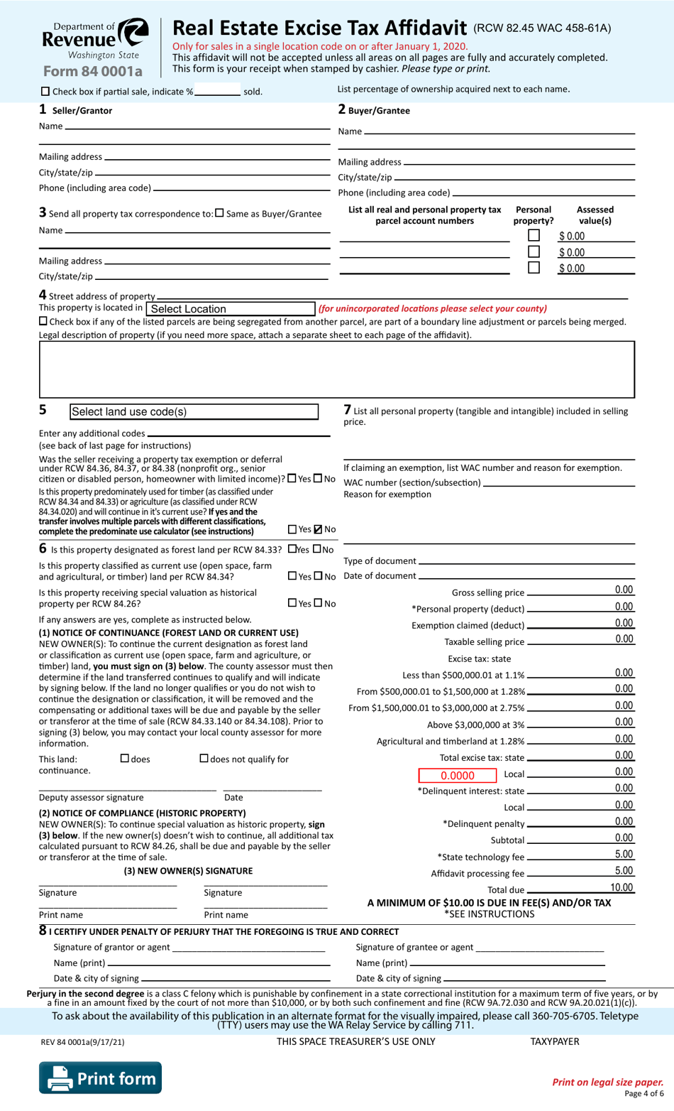 Form REV84 0001A Real Estate Excise Tax Affidavit - Single Location - Washington, Page 4