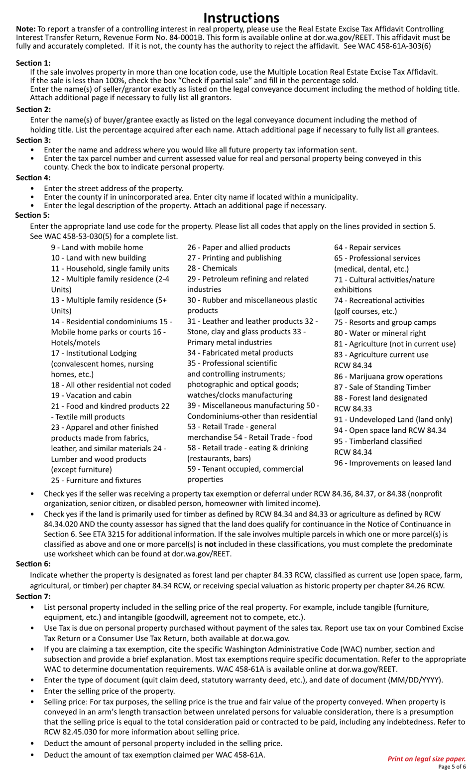 Form REV84 0001A Real Estate Excise Tax Affidavit - Single Location - Washington, Page 5