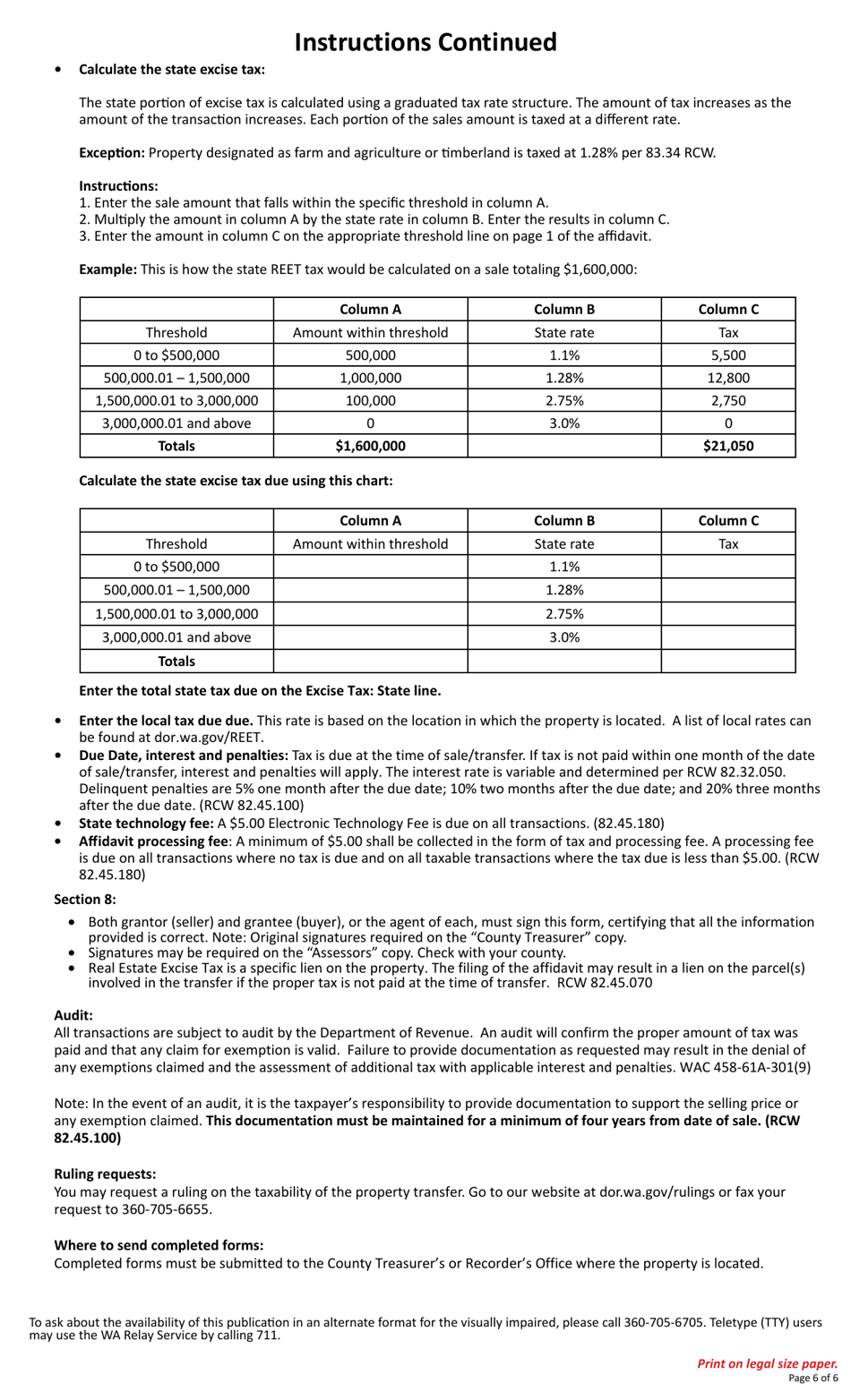 Form REV84 0001A Real Estate Excise Tax Affidavit - Single Location - Washington, Page 6