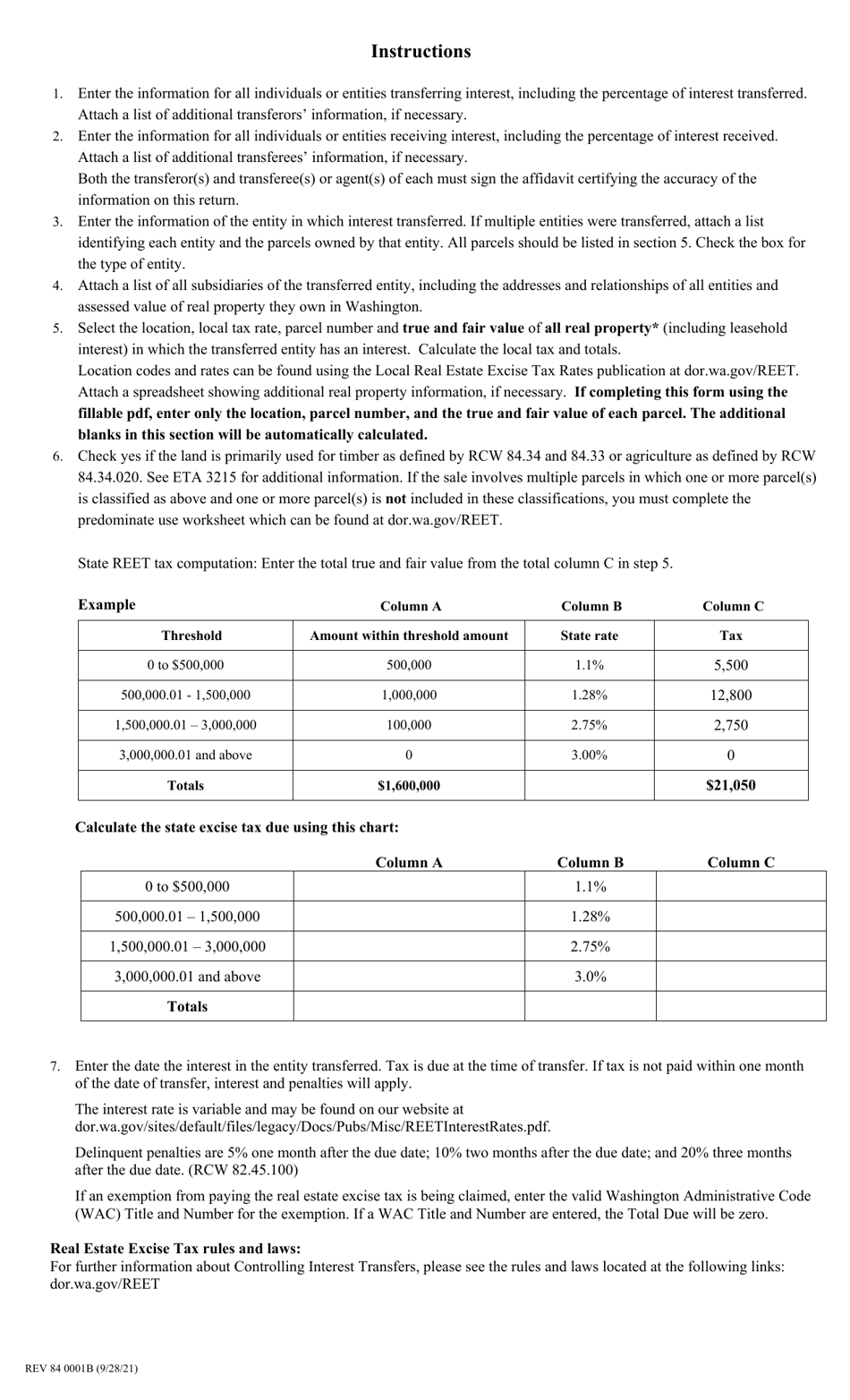 Form REV84 0001BE Real Estate Excise Tax Affidavit Controlling Interest Transfer Return - Washington, Page 2