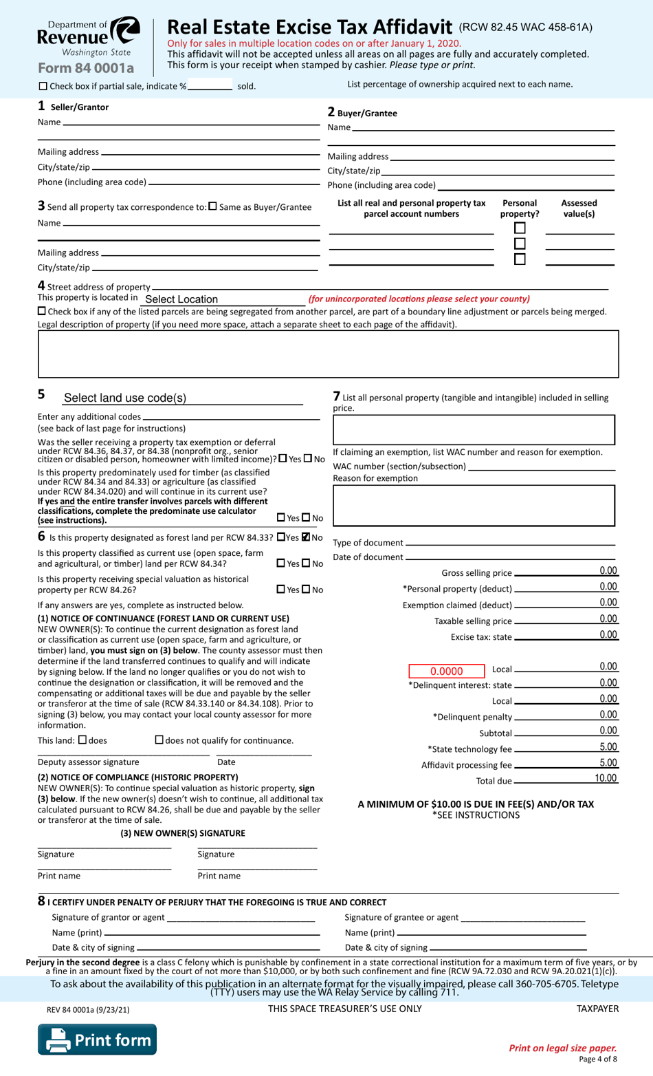 Form REV84 0001A Real Estate Excise Tax Affidavit - Multiple Locations - Washington, Page 4