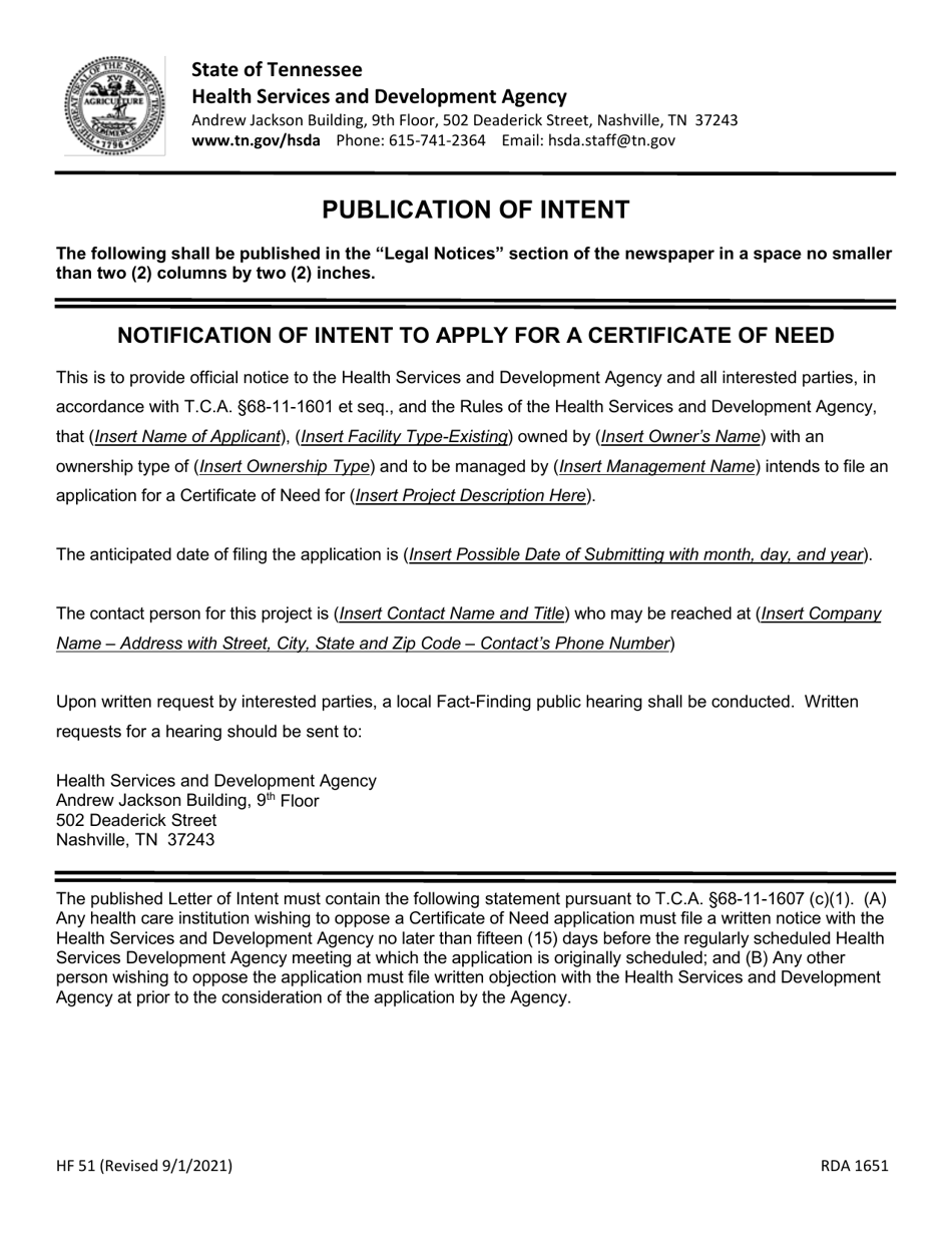 Form HF51 Letter of Intent / Publication of Intent - Relocation Exemption - Tennessee, Page 4