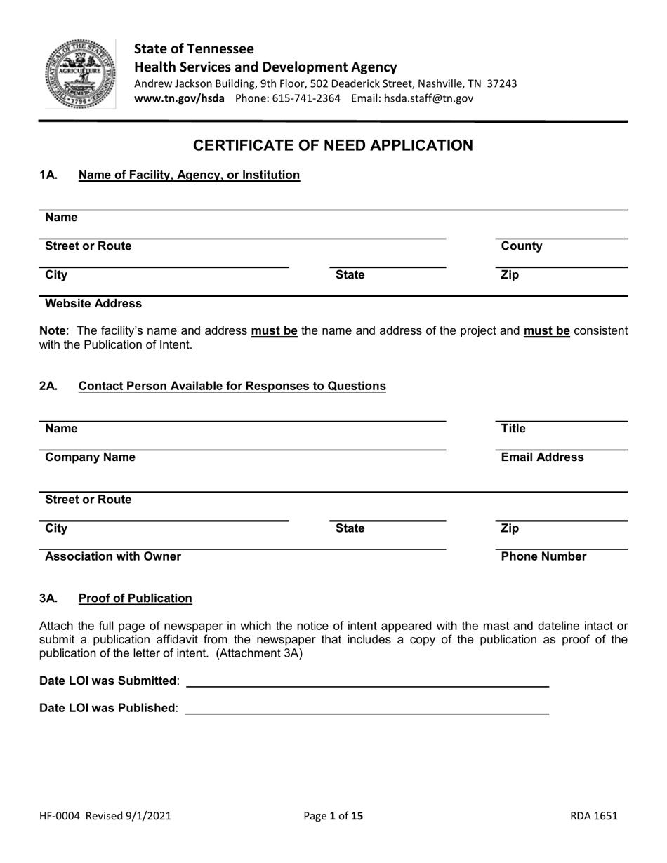 Form HF-0004 Certificate of Need Application - Tennessee, Page 1