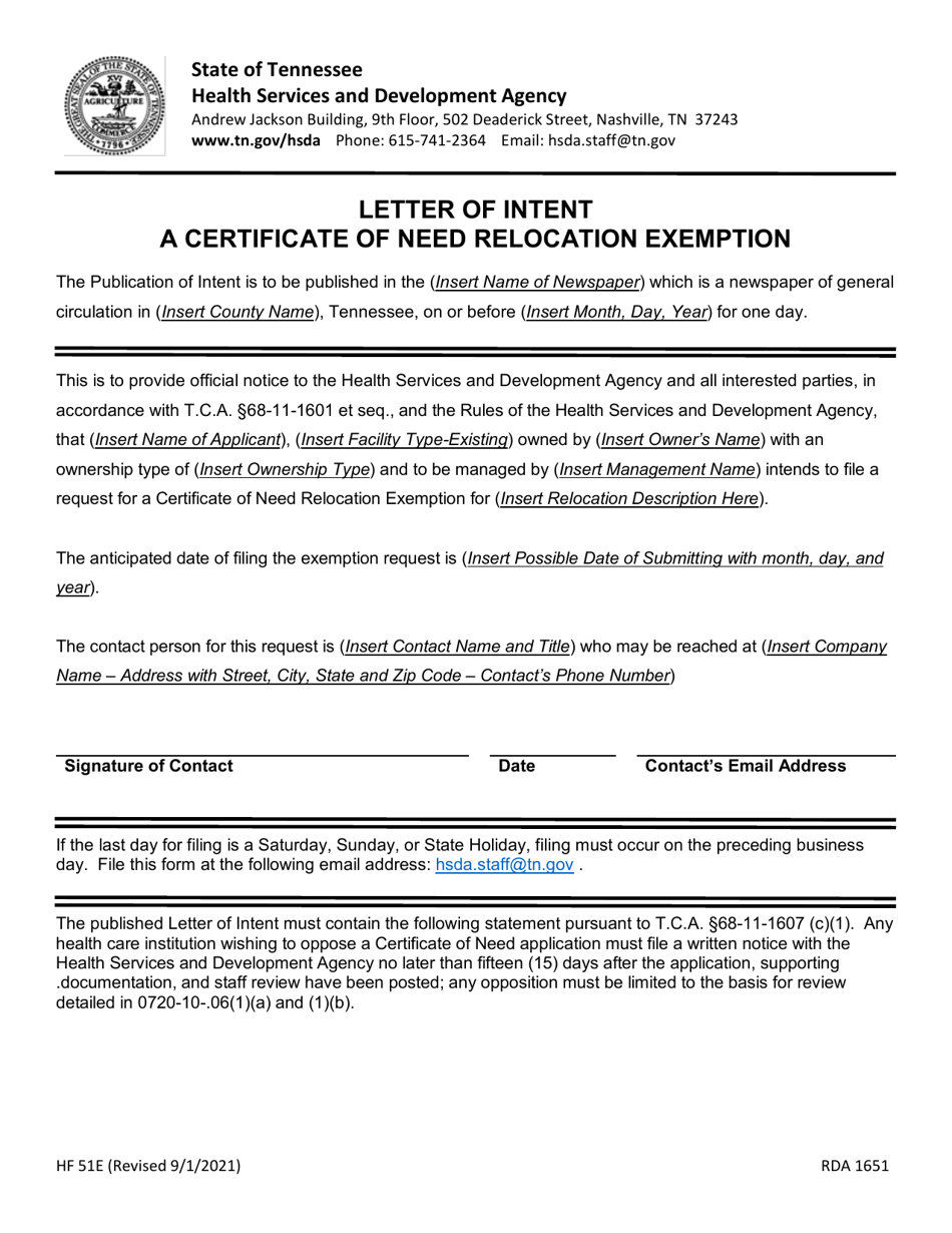 Form HF51E Letter of Intent / Publication of Intent to File a Certificate of Need Application - Tennessee, Page 3